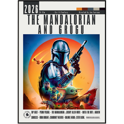 A movie poster for 'The Mandalorian and Grogu' (The Mandalorian Season 3 Film) featuring the Mandalorian holding a blaster in front of Grogu, set against a large orange sun and blue sky background.