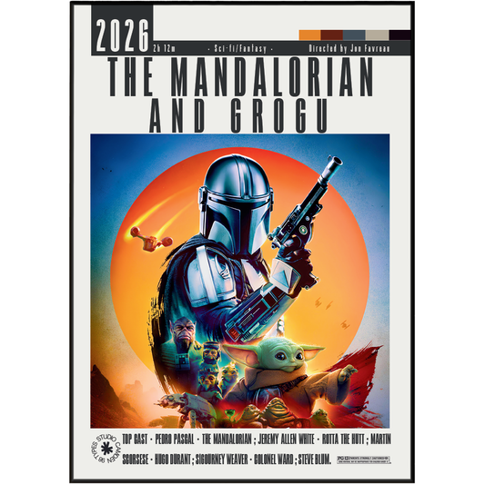 A movie poster for 'The Mandalorian and Grogu' (The Mandalorian Season 3 Film) featuring the Mandalorian holding a blaster in front of Grogu, set against a large orange sun and blue sky background.