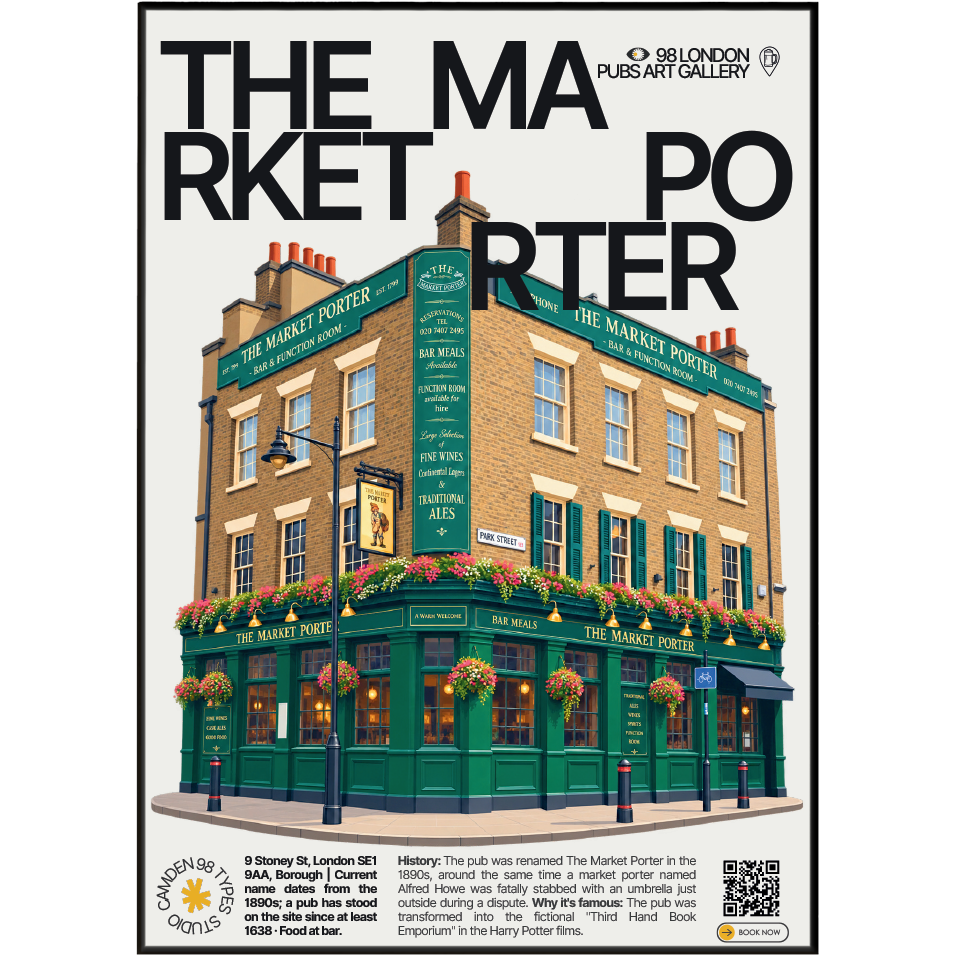 The Market Porter poster, Borough, London: green-painted pub facade with hanging flower baskets - 98 London Pubs Art Gallery by 98 Types