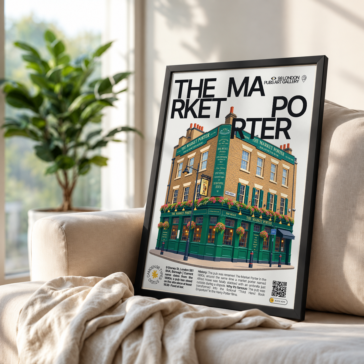 The Market Porter poster, Borough, London: green-painted pub facade with hanging flower baskets - 98 London Pubs Art Gallery by 98 Types