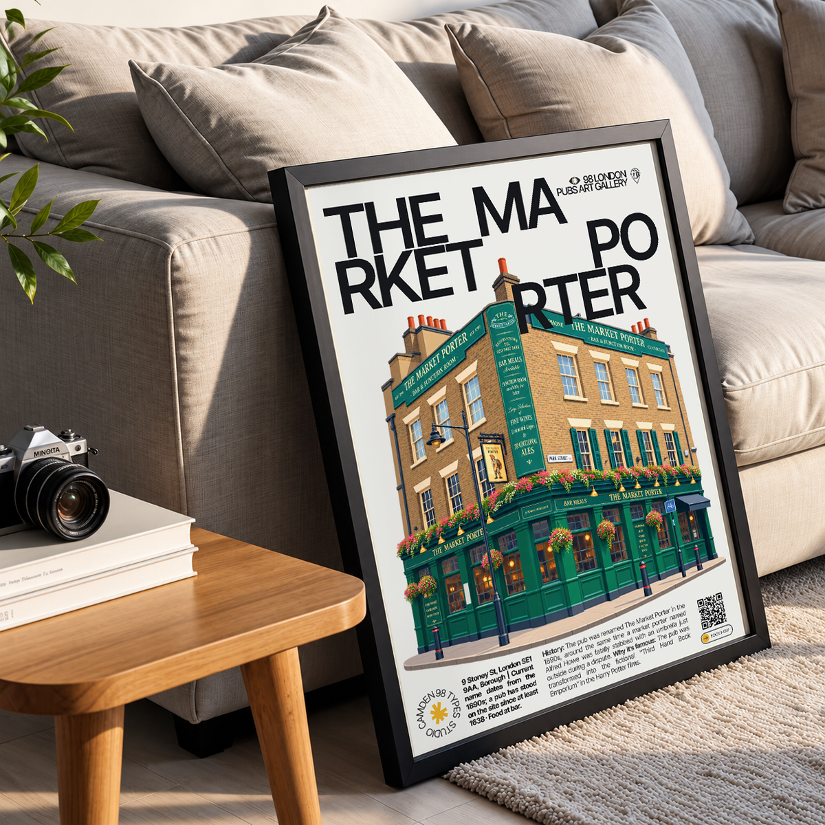 The Market Porter poster, Borough, London: green-painted pub facade with hanging flower baskets - 98 London Pubs Art Gallery by 98 Types