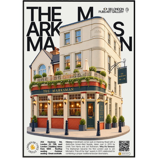 The Marksman poster, Hackney Road, London: brown-tiled pub facade with rooftop terrace - 98 London Pubs Art Gallery by 98 Types