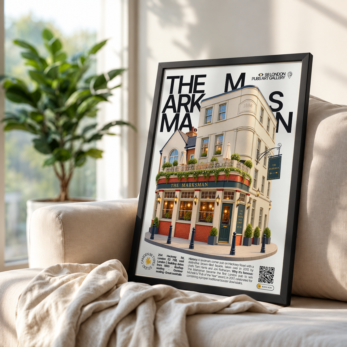 The Marksman poster, Hackney Road, London: brown-tiled pub facade with rooftop terrace - 98 London Pubs Art Gallery by 98 Types