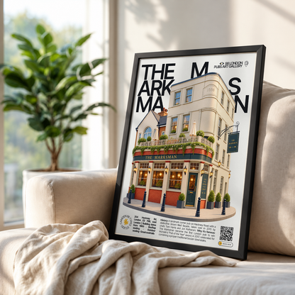 The Marksman poster, Hackney Road, London: brown-tiled pub facade with rooftop terrace - 98 London Pubs Art Gallery by 98 Types