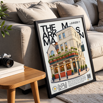 The Marksman poster, Hackney Road, London: brown-tiled pub facade with rooftop terrace - 98 London Pubs Art Gallery by 98 Types