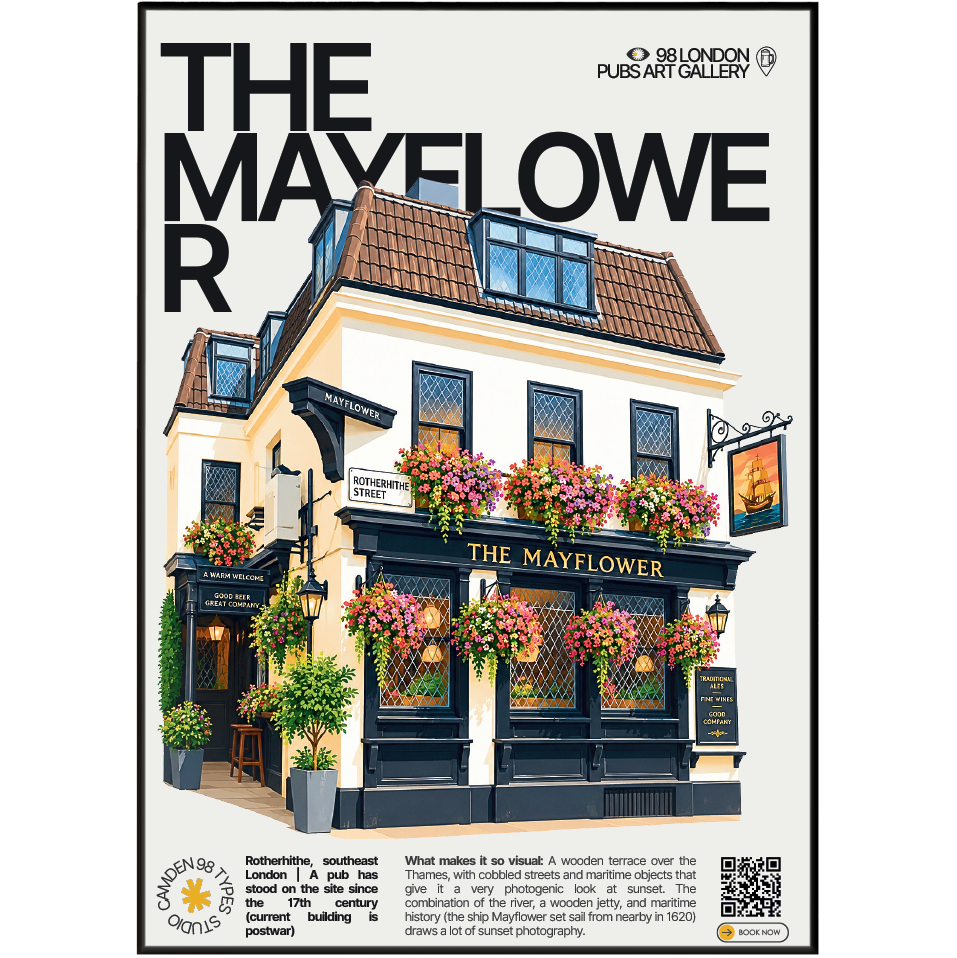 The Mayflower poster, Rotherhithe, London: wooden riverside terrace over the Thames at sunset - 98 London Pubs Art Gallery by 98 Types