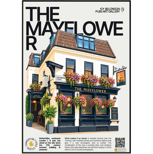 The Mayflower poster, Rotherhithe, London: wooden riverside terrace over the Thames at sunset - 98 London Pubs Art Gallery by 98 Types