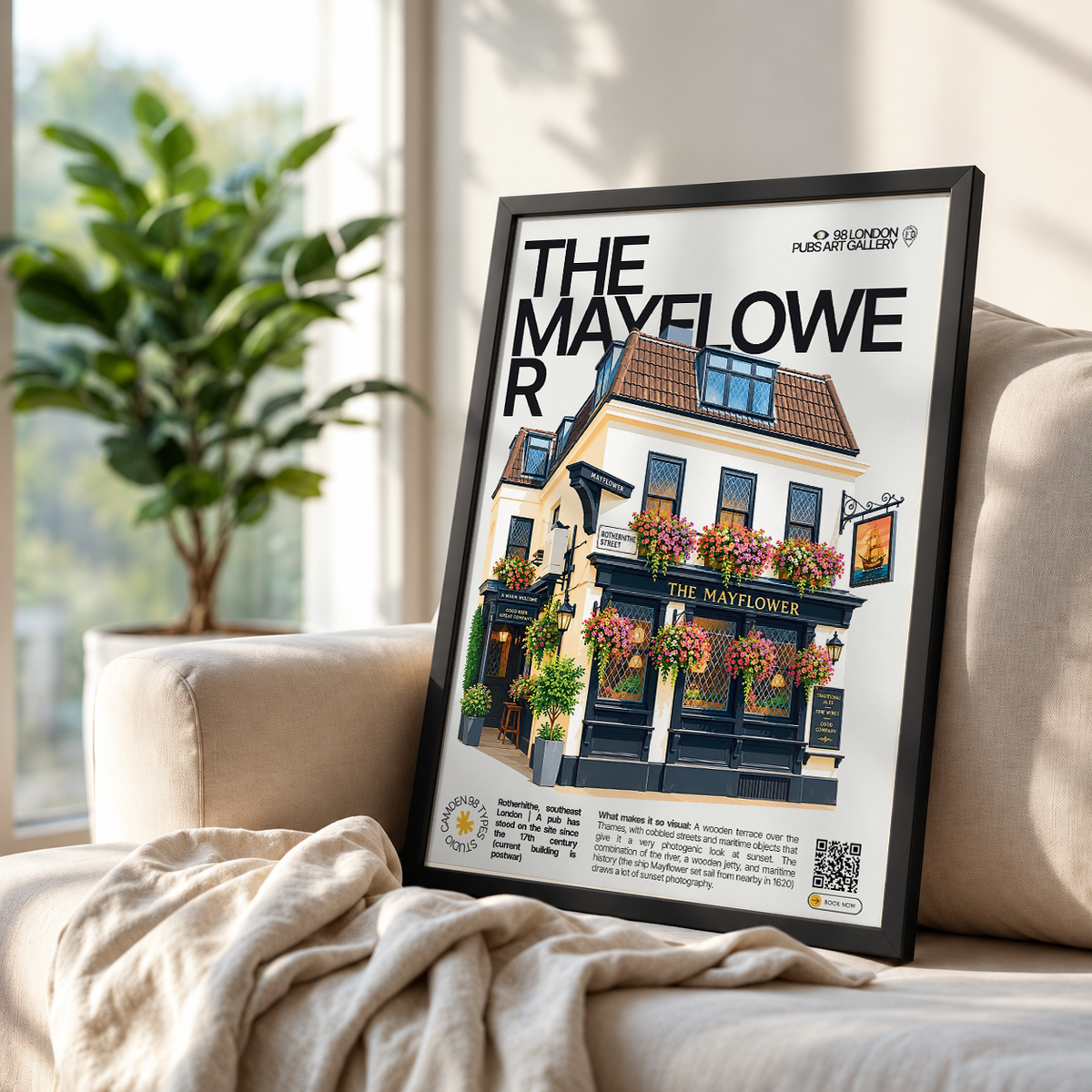 The Mayflower poster, Rotherhithe, London: wooden riverside terrace over the Thames at sunset - 98 London Pubs Art Gallery by 98 Types