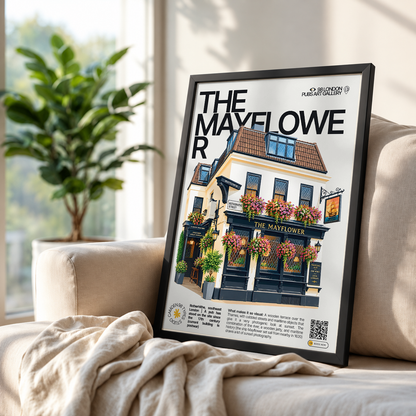The Mayflower poster, Rotherhithe, London: wooden riverside terrace over the Thames at sunset - 98 London Pubs Art Gallery by 98 Types