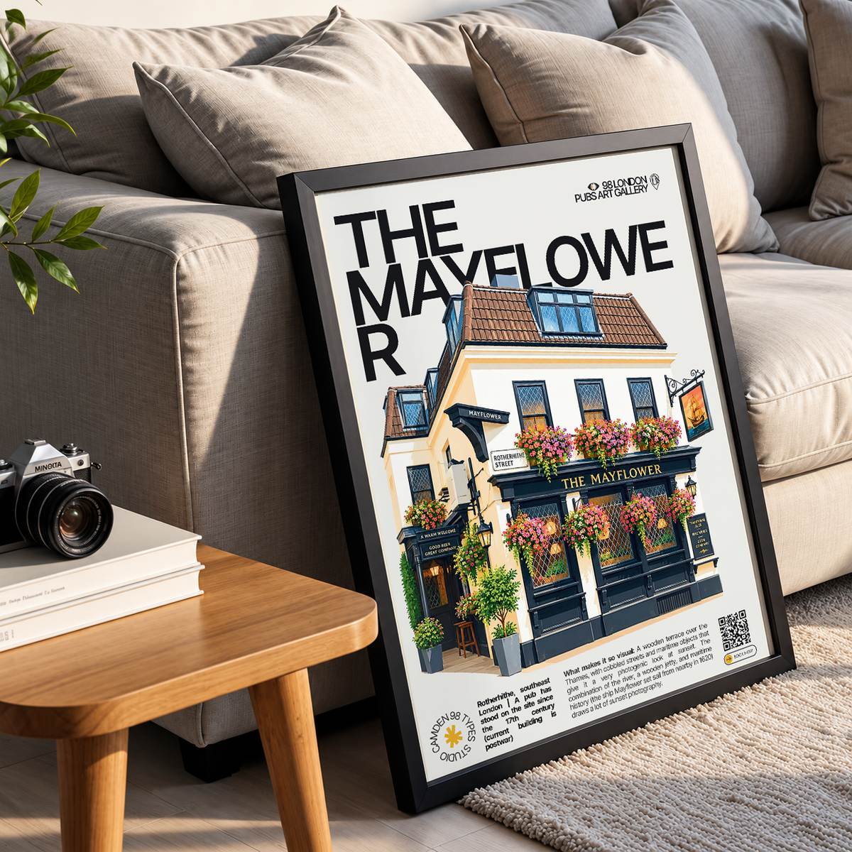 The Mayflower poster, Rotherhithe, London: wooden riverside terrace over the Thames at sunset - 98 London Pubs Art Gallery by 98 Types