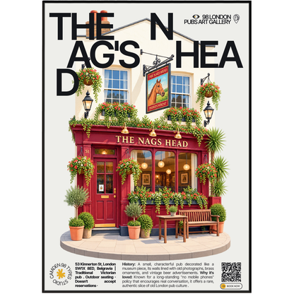 The Nag's Head poster, Belgravia, London: vintage-decorated Belgravia pub interior with brass ornaments - 98 London Pubs Art Gallery by 98 Types