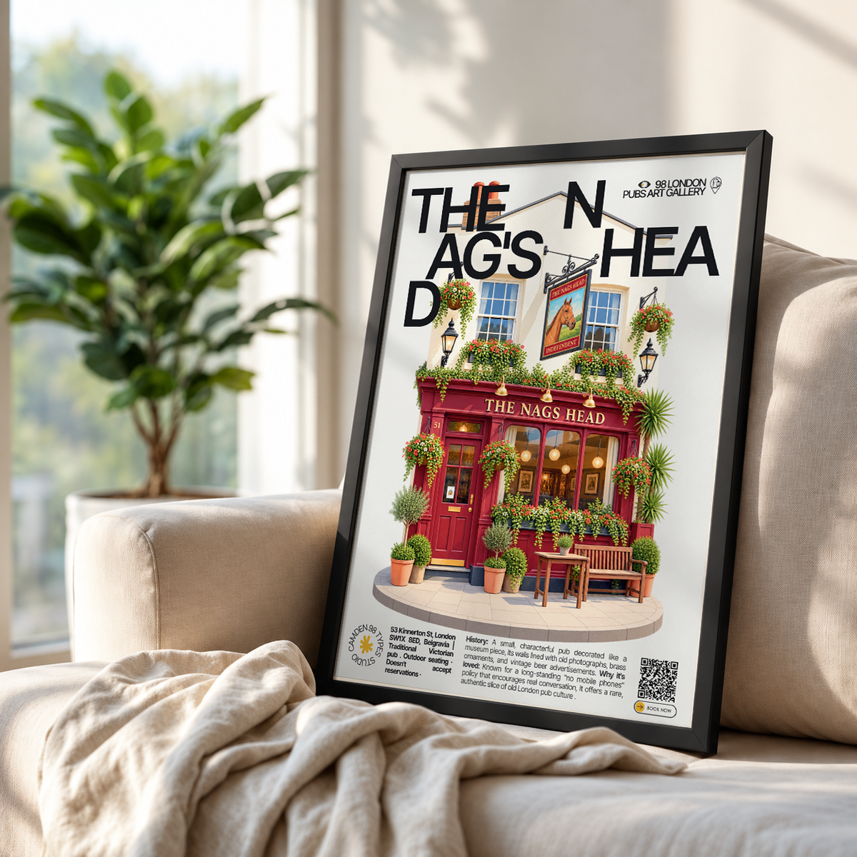 The Nag's Head poster, Belgravia, London: vintage-decorated Belgravia pub interior with brass ornaments - 98 London Pubs Art Gallery by 98 Types
