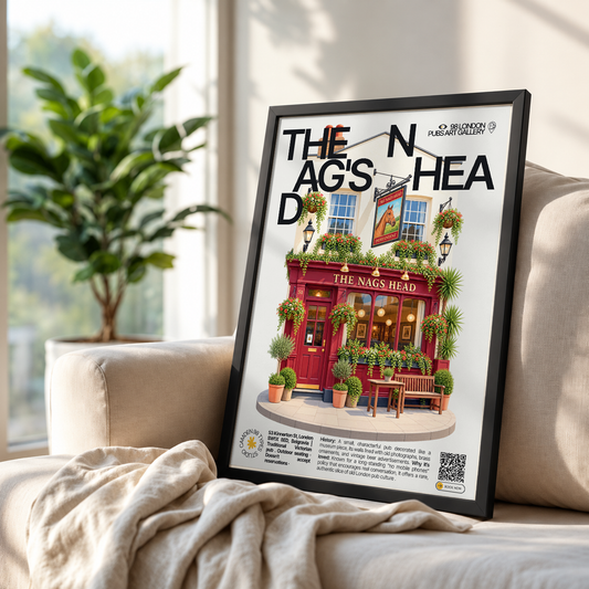 The Nag's Head poster, Belgravia, London: vintage-decorated Belgravia pub interior with brass ornaments - 98 London Pubs Art Gallery by 98 Types