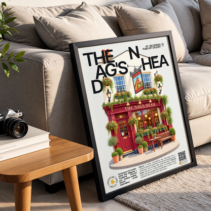 The Nag's Head poster, Belgravia, London: vintage-decorated Belgravia pub interior with brass ornaments - 98 London Pubs Art Gallery by 98 Types