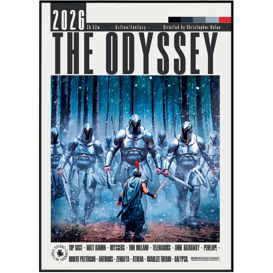 The Odyssey 2026 film poster featuring a group of armored figures marching through a snowy forest, with a warrior in the foreground holding a sword. The title 'THE ODYSSEY' is displayed prominently at the top, with cast and crew names listed along the bottom.
