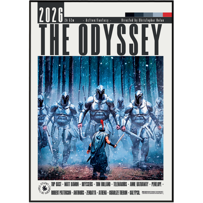 The Odyssey 2026 film poster featuring a group of armored figures marching through a snowy forest, with a warrior in the foreground holding a sword. The title 'THE ODYSSEY' is displayed prominently at the top, with cast and crew names listed along the bottom.