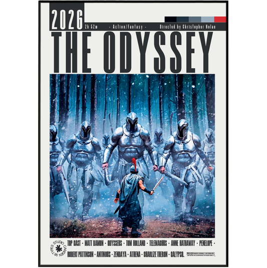 The Odyssey 2026 film poster featuring a group of armored figures marching through a snowy forest, with a warrior in the foreground holding a sword. The title 'THE ODYSSEY' is displayed prominently at the top, with cast and crew names listed along the bottom.