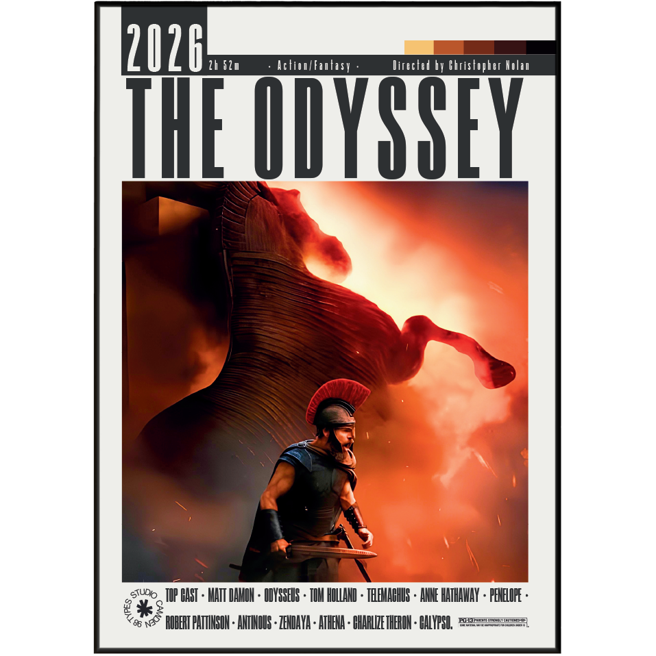 The Odyssey 2026 film poster featuring a Spartan warrior holding a sword in front of a large horse statue under a fiery orange-red sky, with the title 'THE ODYSSEY' and release details at the top and credits at the bottom.