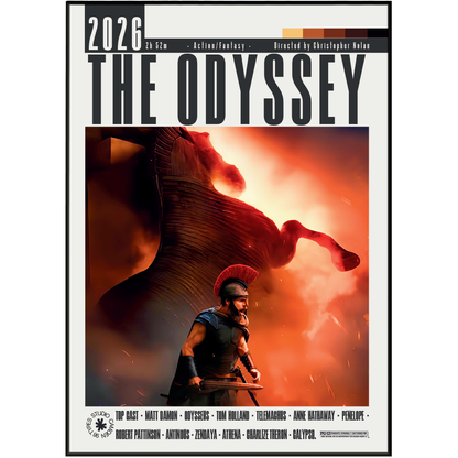 The Odyssey 2026 film poster featuring a Spartan warrior holding a sword in front of a large horse statue under a fiery orange-red sky, with the title 'THE ODYSSEY' and release details at the top and credits at the bottom.