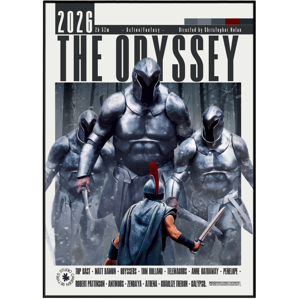 A movie poster for 'The Odyssey' (2026) featuring armored warriors and a gladiator in the foreground, with the title 'THE ODYSSEY' in large black letters and actor names listed at the bottom.