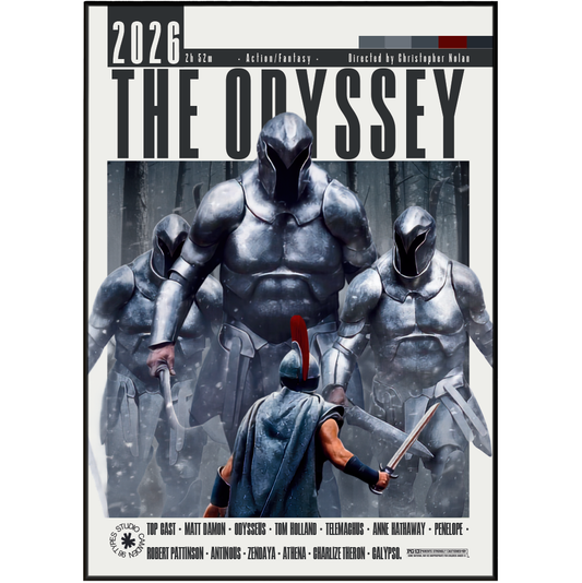 A movie poster for 'The Odyssey' (2026) featuring armored warriors and a gladiator in the foreground, with the title 'THE ODYSSEY' in large black letters and actor names listed at the bottom.