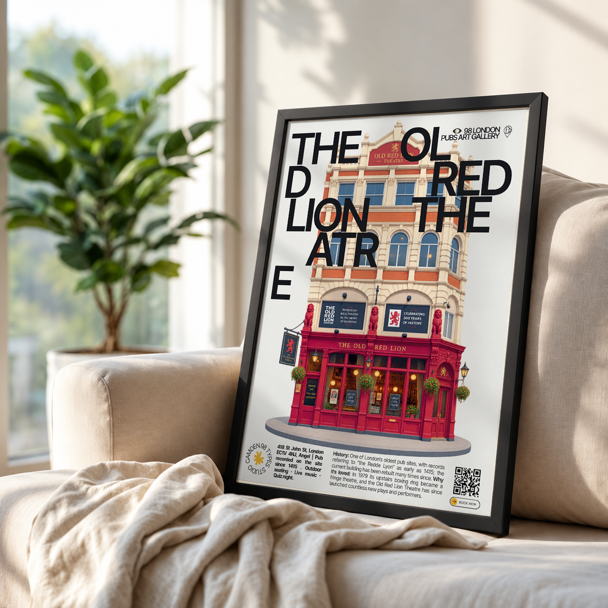 The Old Red Lion Theatre poster, Angel, London: traditional pub facade with theatre signage above - 98 London Pubs Art Gallery by 98 Types