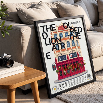 The Old Red Lion Theatre poster, Angel, London: traditional pub facade with theatre signage above - 98 London Pubs Art Gallery by 98 Types
