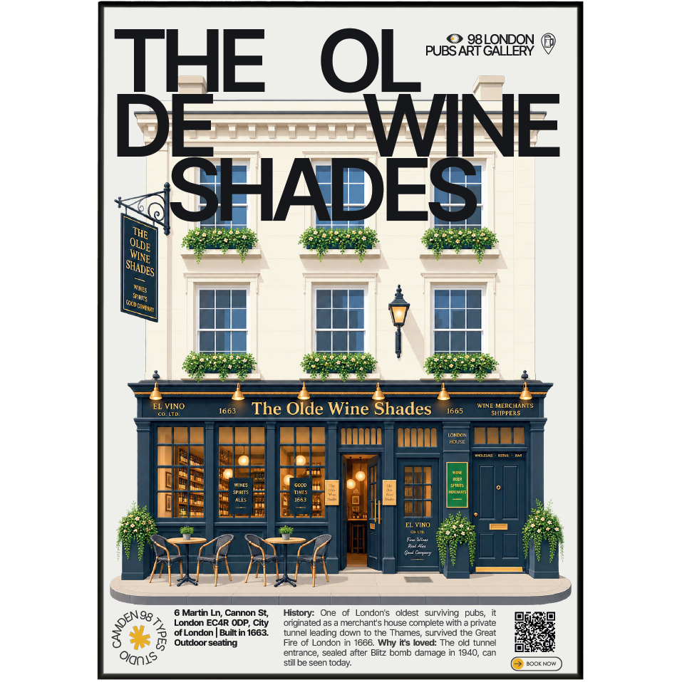 The Olde Wine Shades poster, City of London, London: 17th-century merchant's house facade in the City - 98 London Pubs Art Gallery by 98 Types