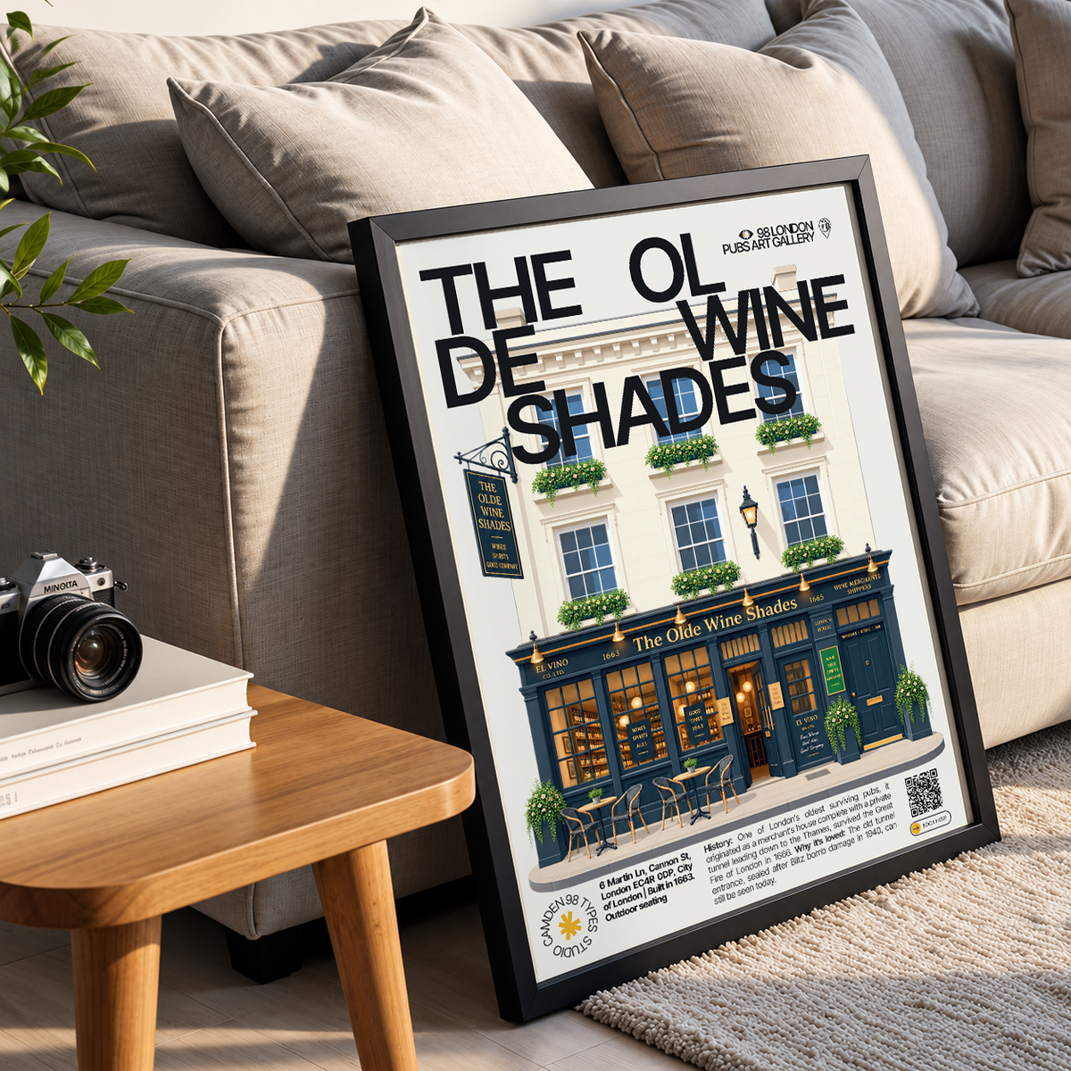 The Olde Wine Shades poster, City of London, London: 17th-century merchant's house facade in the City - 98 London Pubs Art Gallery by 98 Types