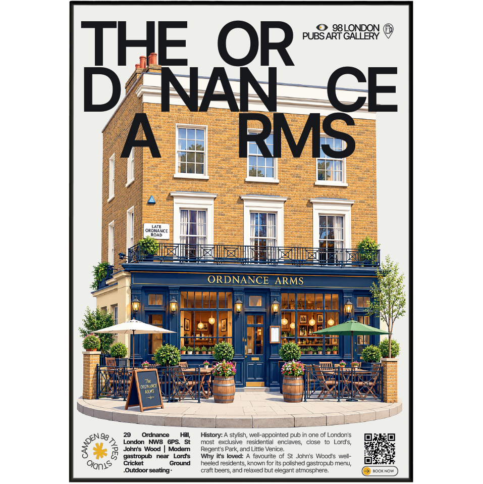 The Ordnance poster, St John's Wood, London: modern gastropub facade near Lord's Cricket Ground - 98 London Pubs Art Gallery by 98 Types