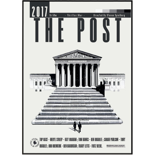 A black and white graphic poster print of the movie 'The Post' featuring a stylized illustration of the US Supreme Court building on the steps, with cast and crew names listed at the bottom.
