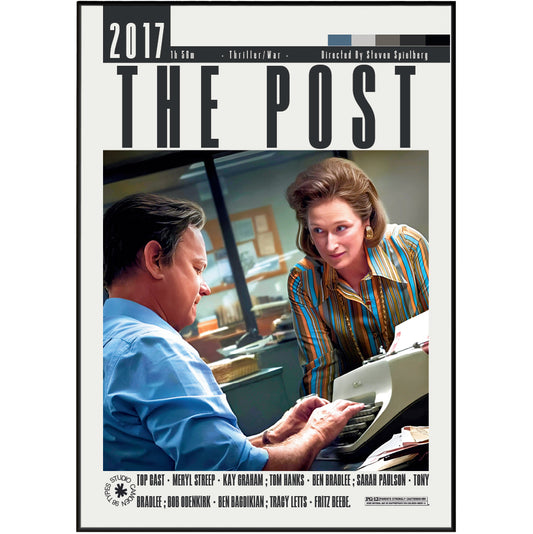 Movie poster for the 2017 film 'The Post' directed by Steven Spielberg, featuring a black and white title layout above a color photograph of a woman in a striped blouse looking at a man in a blue shirt working at a typewriter.