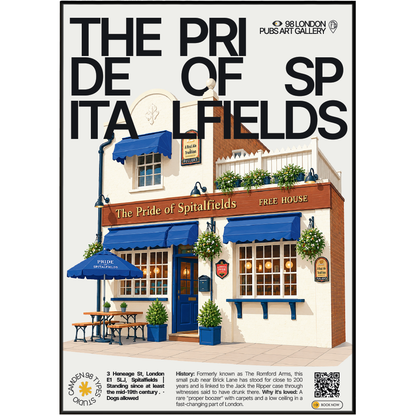 The Pride of Spitalfields poster, Spitalfields, London: small traditional pub facade near Brick Lane - 98 London Pubs Art Gallery by 98 Types