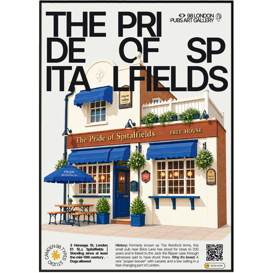 The Pride of Spitalfields poster, Spitalfields, London: small traditional pub facade near Brick Lane - 98 London Pubs Art Gallery by 98 Types
