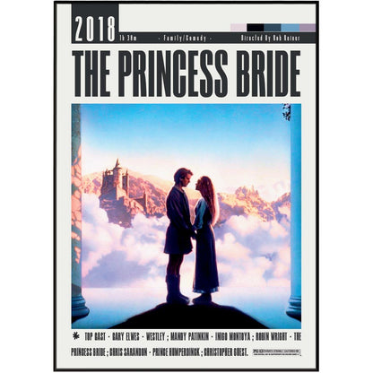 The Princess Bride 2018 movie poster featuring a central illustration of a couple standing on a cliff overlooking clouds and a castle, with large black title text and cast names on a white border.
