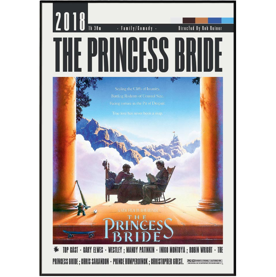 The Princess Bride movie poster with a black border, featuring the title in large black letters at the top and the film artwork in the center showing two people sitting in rocking chairs between two large columns with mountains in the background.