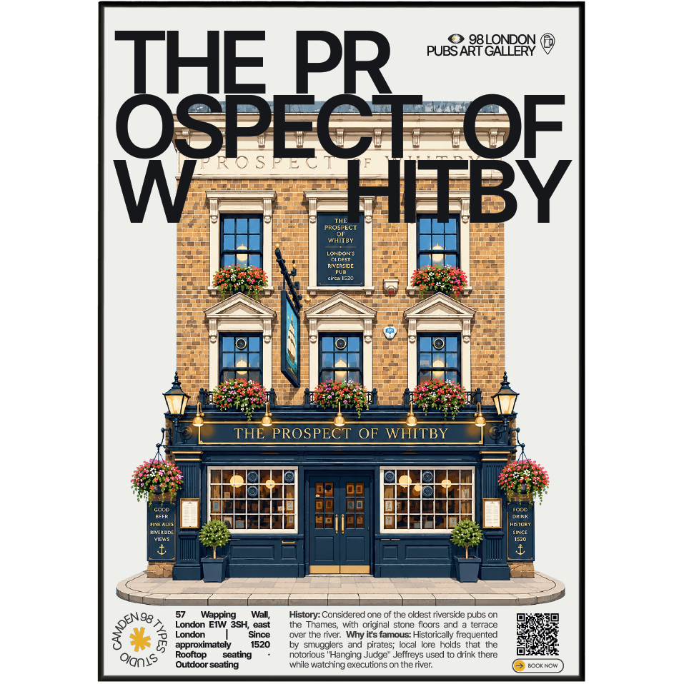 The Prospect of Whitby poster, Wapping, London: riverside terrace overlooking the Thames - 98 London Pubs Art Gallery by 98 Types