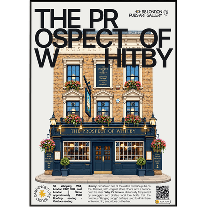 The Prospect of Whitby poster, Wapping, London: riverside terrace overlooking the Thames - 98 London Pubs Art Gallery by 98 Types