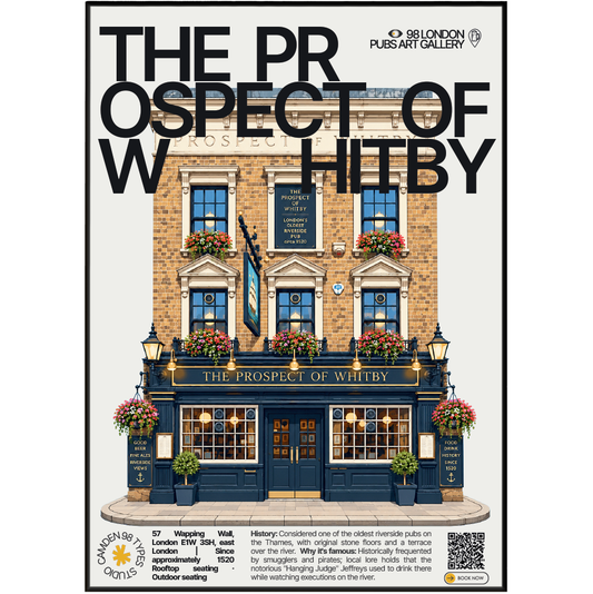 The Prospect of Whitby poster, Wapping, London: riverside terrace overlooking the Thames - 98 London Pubs Art Gallery by 98 Types