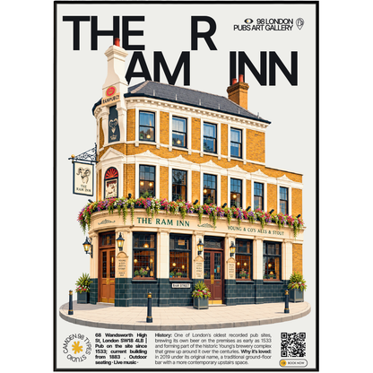 The Ram Inn poster, Wandsworth, London: traditional brewery-linked pub facade - 98 London Pubs Art Gallery by 98 Types