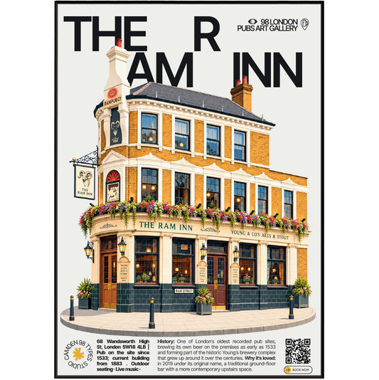 The Ram Inn poster, Wandsworth, London: traditional brewery-linked pub facade - 98 London Pubs Art Gallery by 98 Types