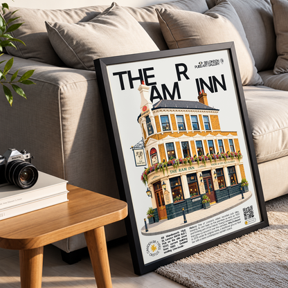 The Ram Inn poster, Wandsworth, London: traditional brewery-linked pub facade - 98 London Pubs Art Gallery by 98 Types