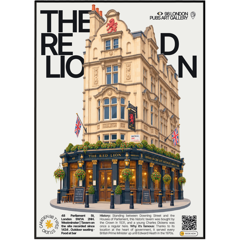 The Red Lion poster, Whitehall, London: traditional pub facade near Downing Street - 98 London Pubs Art Gallery by 98 Types