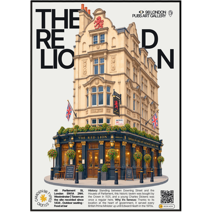 The Red Lion poster, Whitehall, London: traditional pub facade near Downing Street - 98 London Pubs Art Gallery by 98 Types