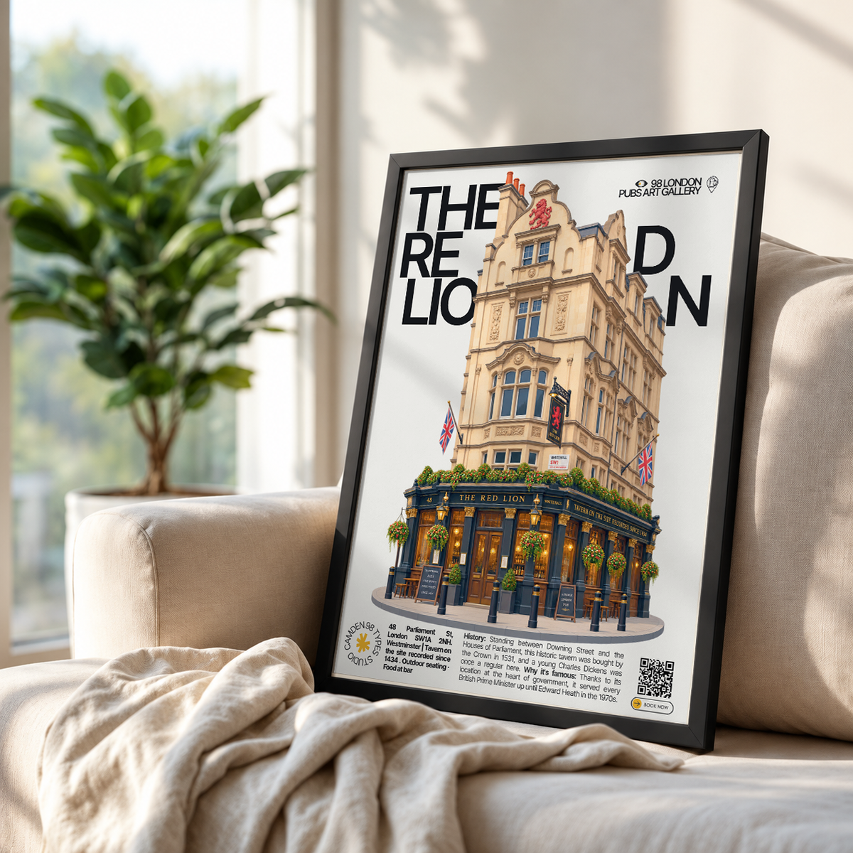 The Red Lion poster, Whitehall, London: traditional pub facade near Downing Street - 98 London Pubs Art Gallery by 98 Types