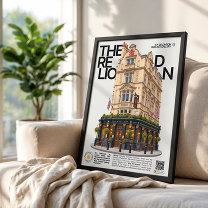 The Red Lion poster, Whitehall, London: traditional pub facade near Downing Street - 98 London Pubs Art Gallery by 98 Types