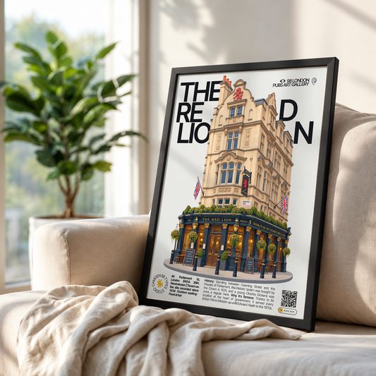 The Red Lion poster, Whitehall, London: traditional pub facade near Downing Street - 98 London Pubs Art Gallery by 98 Types