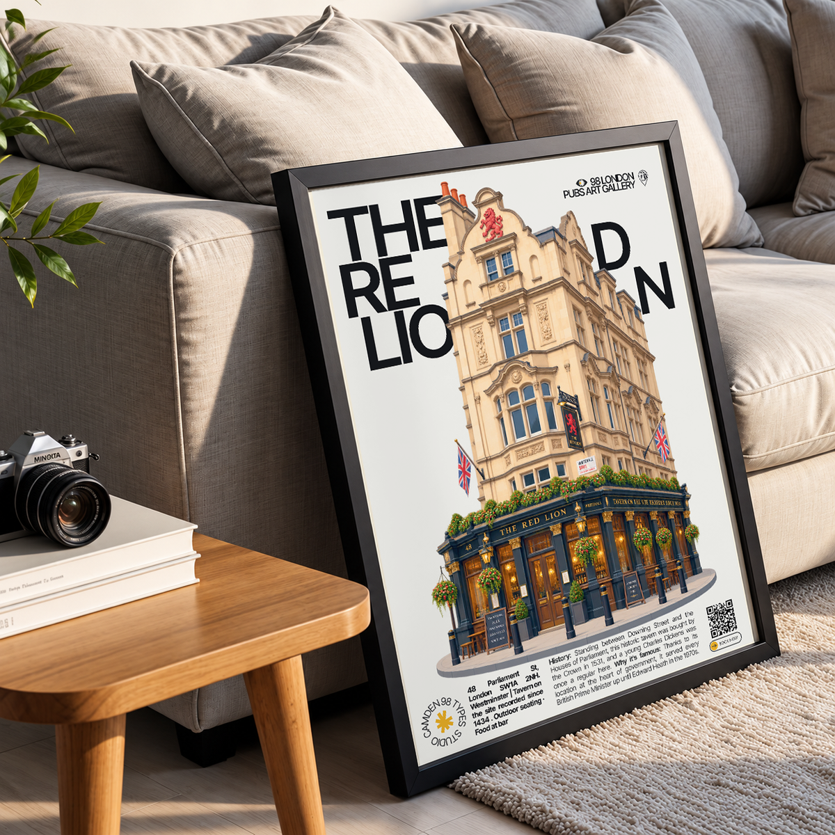 The Red Lion poster, Whitehall, London: traditional pub facade near Downing Street - 98 London Pubs Art Gallery by 98 Types