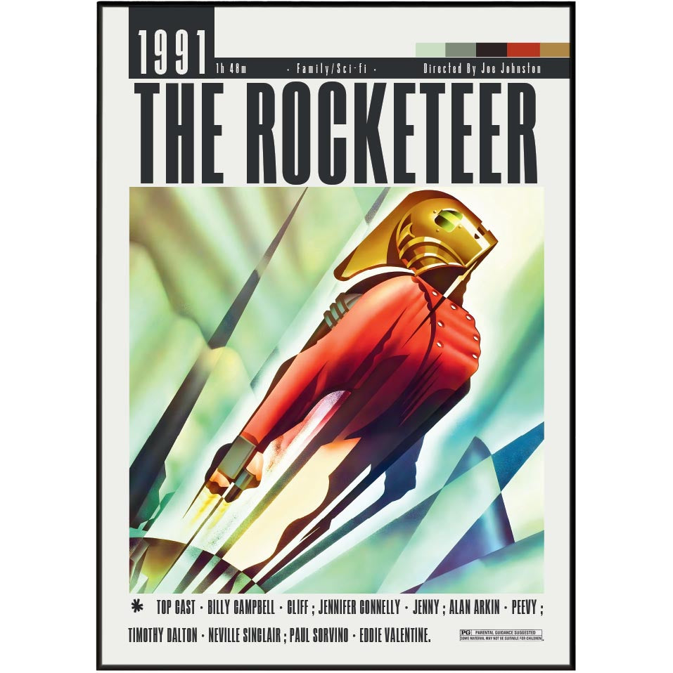 The Rocketeer poster print featuring a retro-futuristic illustration of the character in a red suit and gold helmet flying diagonally, with the title 'THE ROCKETEER' and '1991' at the top.