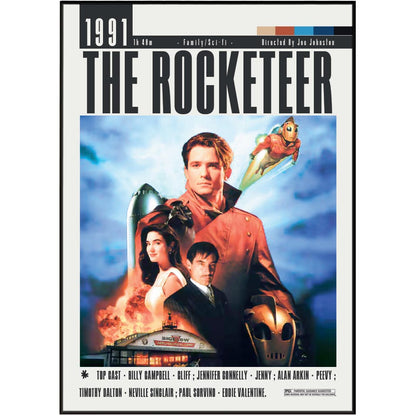 The movie poster for 'The Rocketeer' (1991) featuring a large black title at the top, a central illustrated portrait of a man in a brown jacket, a rocket, a bird-like aircraft, and a small airplane at the bottom, all framed by a thin black border.